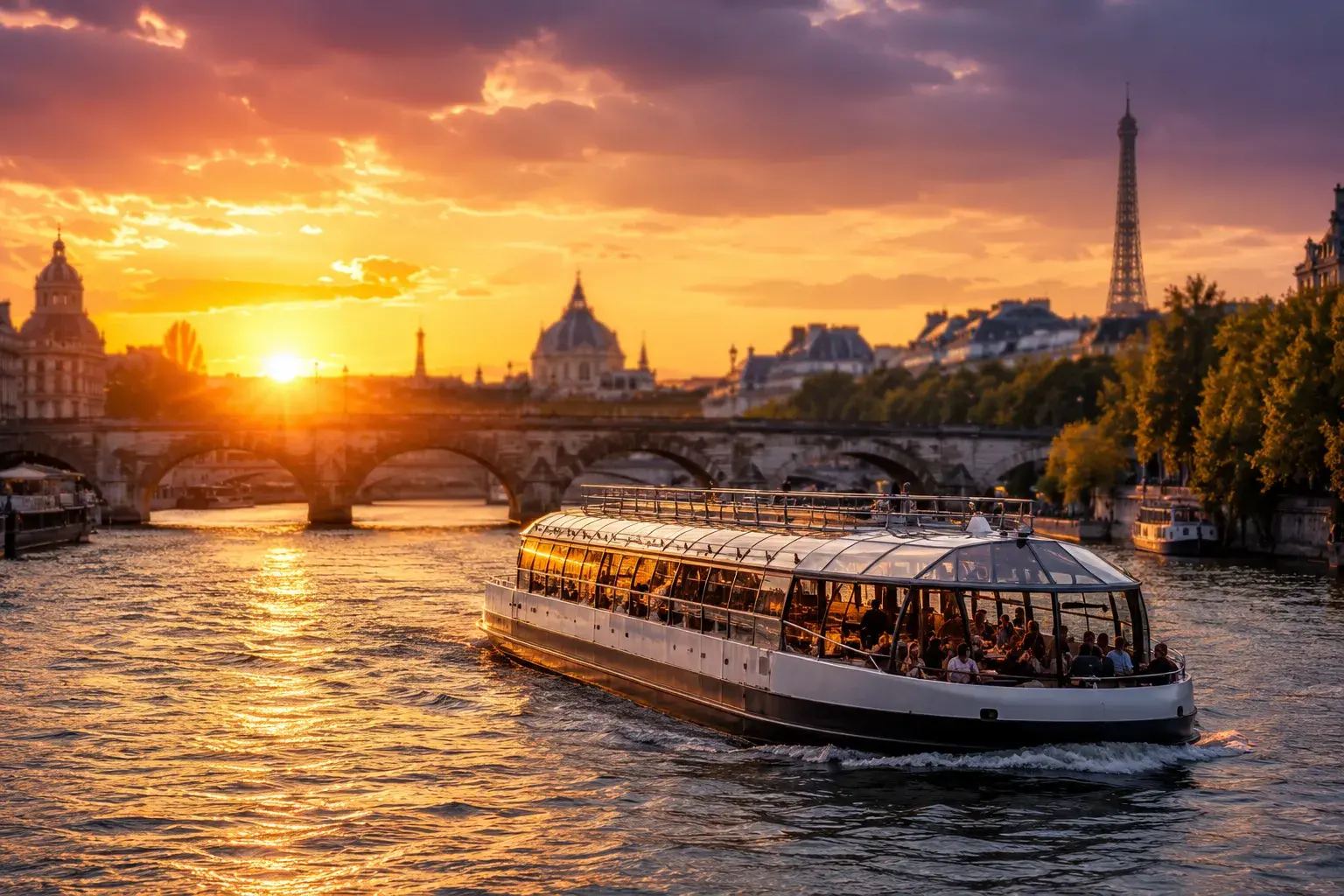Barco turístico navegando por el río Sena en París