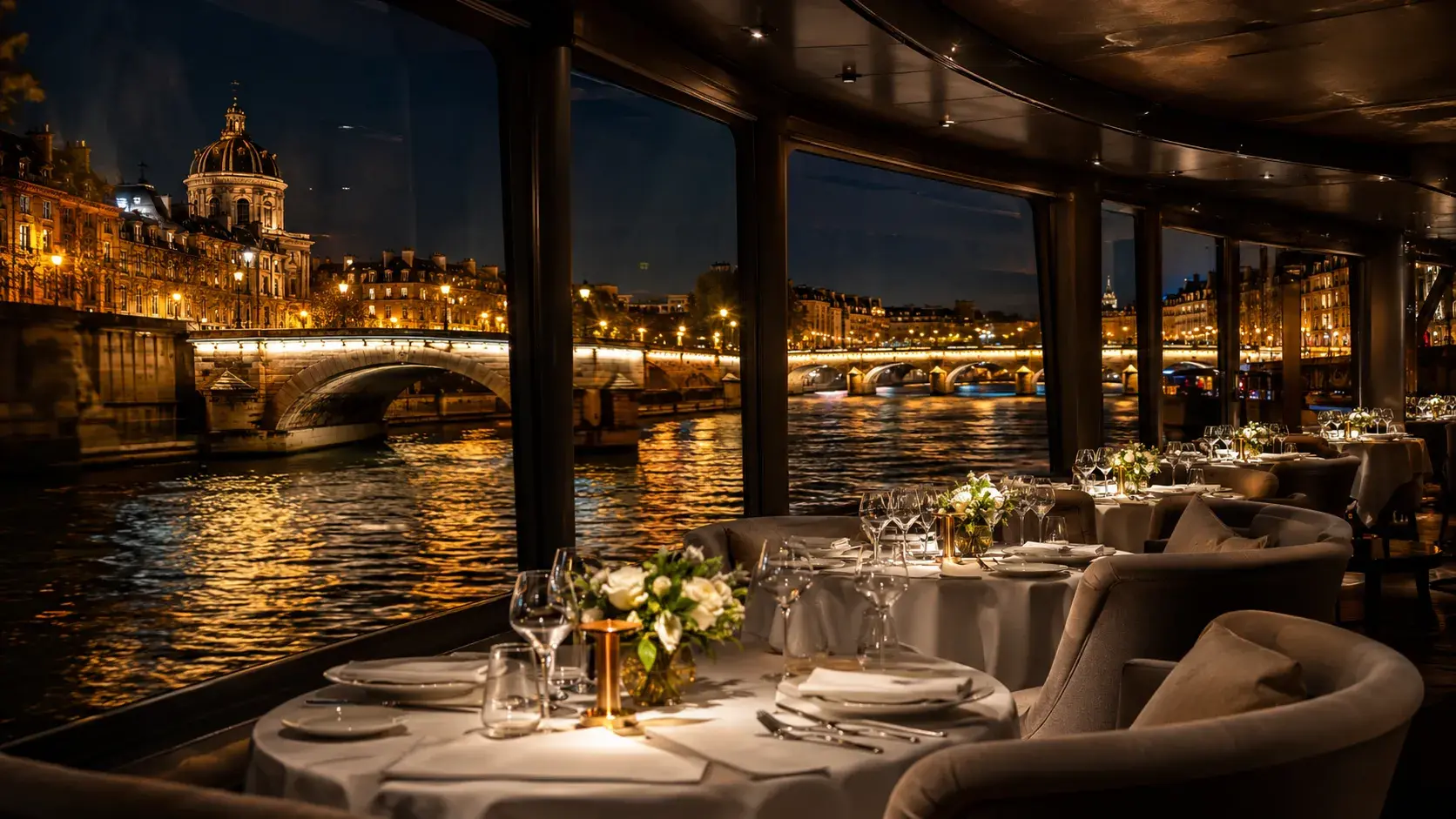 Elegante cena crucero iluminada por el río Sena en París