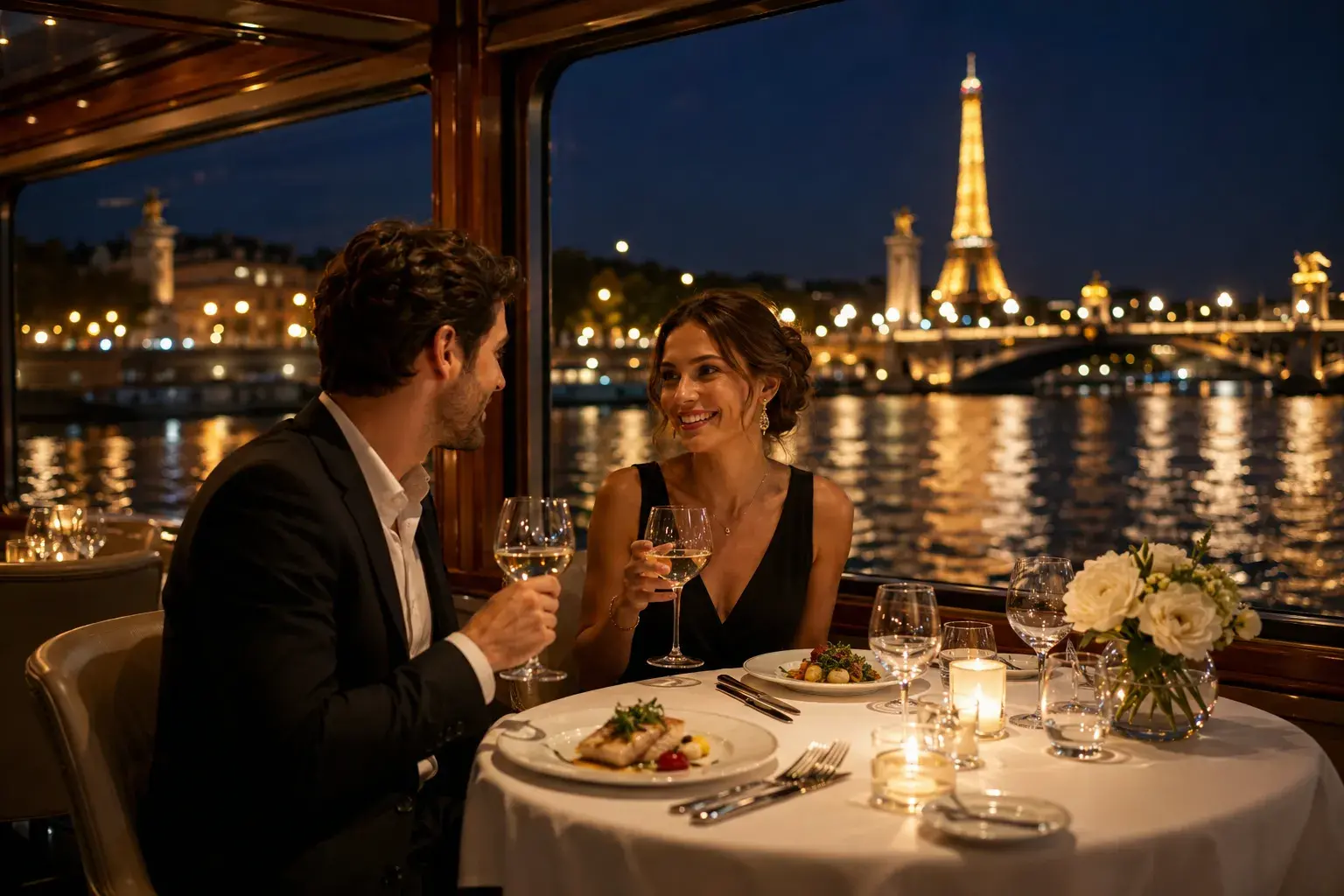 Mesa romántica iluminada en barco restaurante navegando por el río Sena