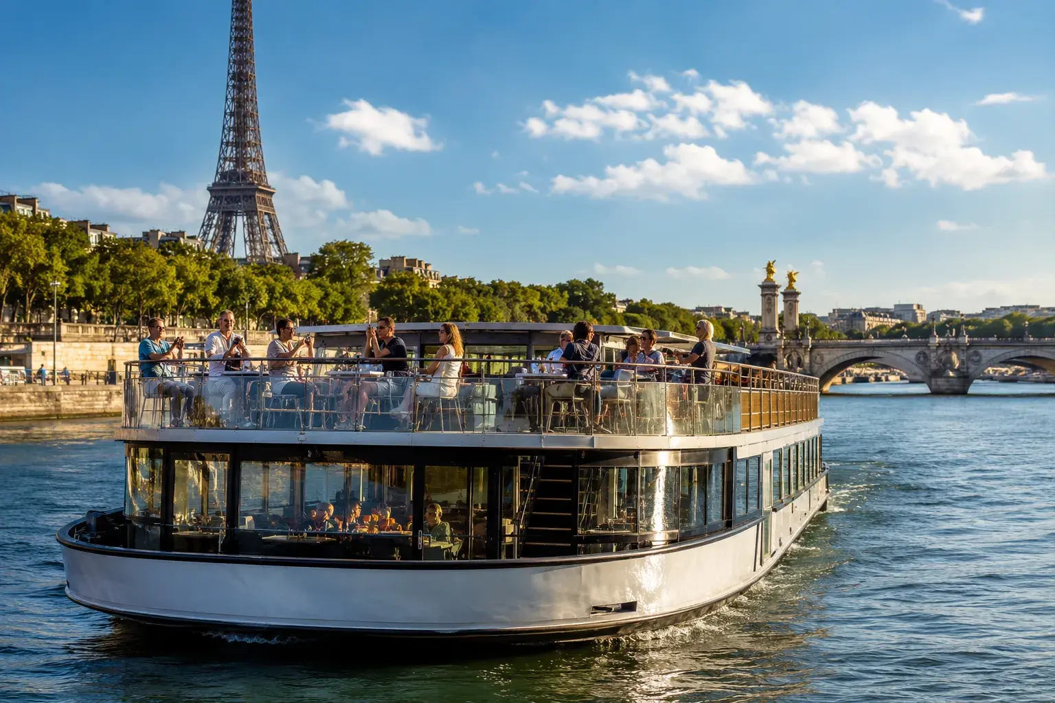 Barco panorámico Bateaux Parisiens navegando por aguas fluviales en París