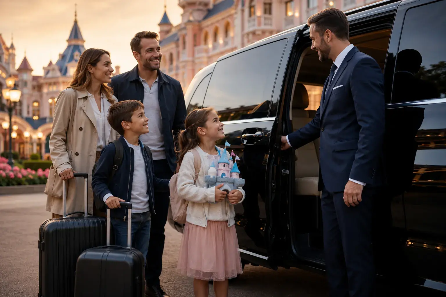 Vehículo de lujo para traslado privado a Disneyland Paris en familia