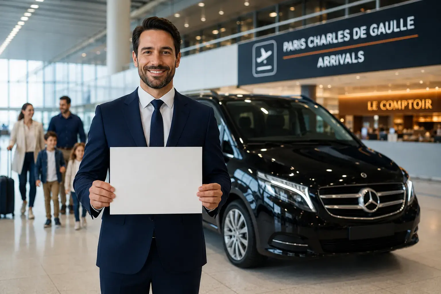 Chófer de transporte privado esperando en la terminal de llegadas del aeropuerto
